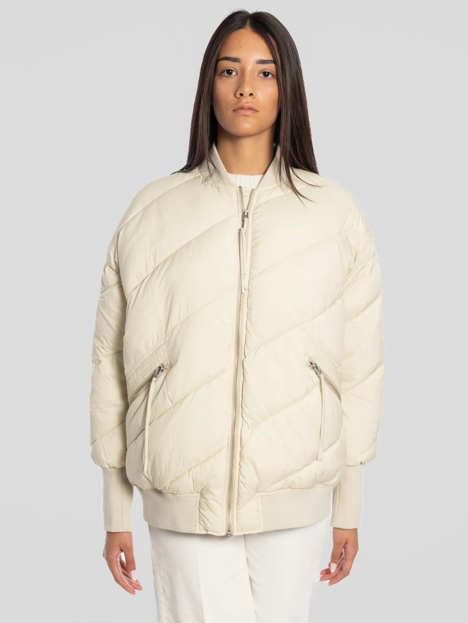 Beige Oversized Padded Bomber