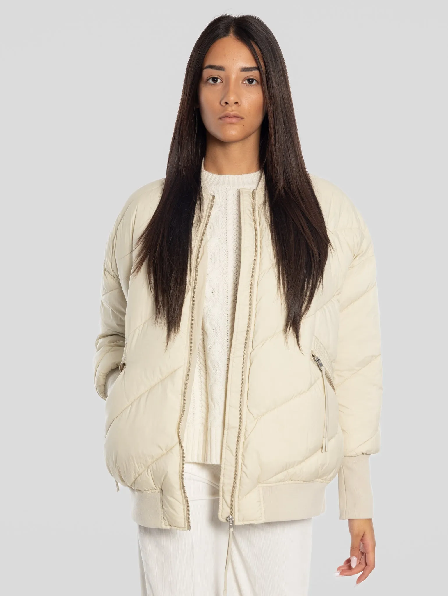 Beige Oversized Padded Bomber