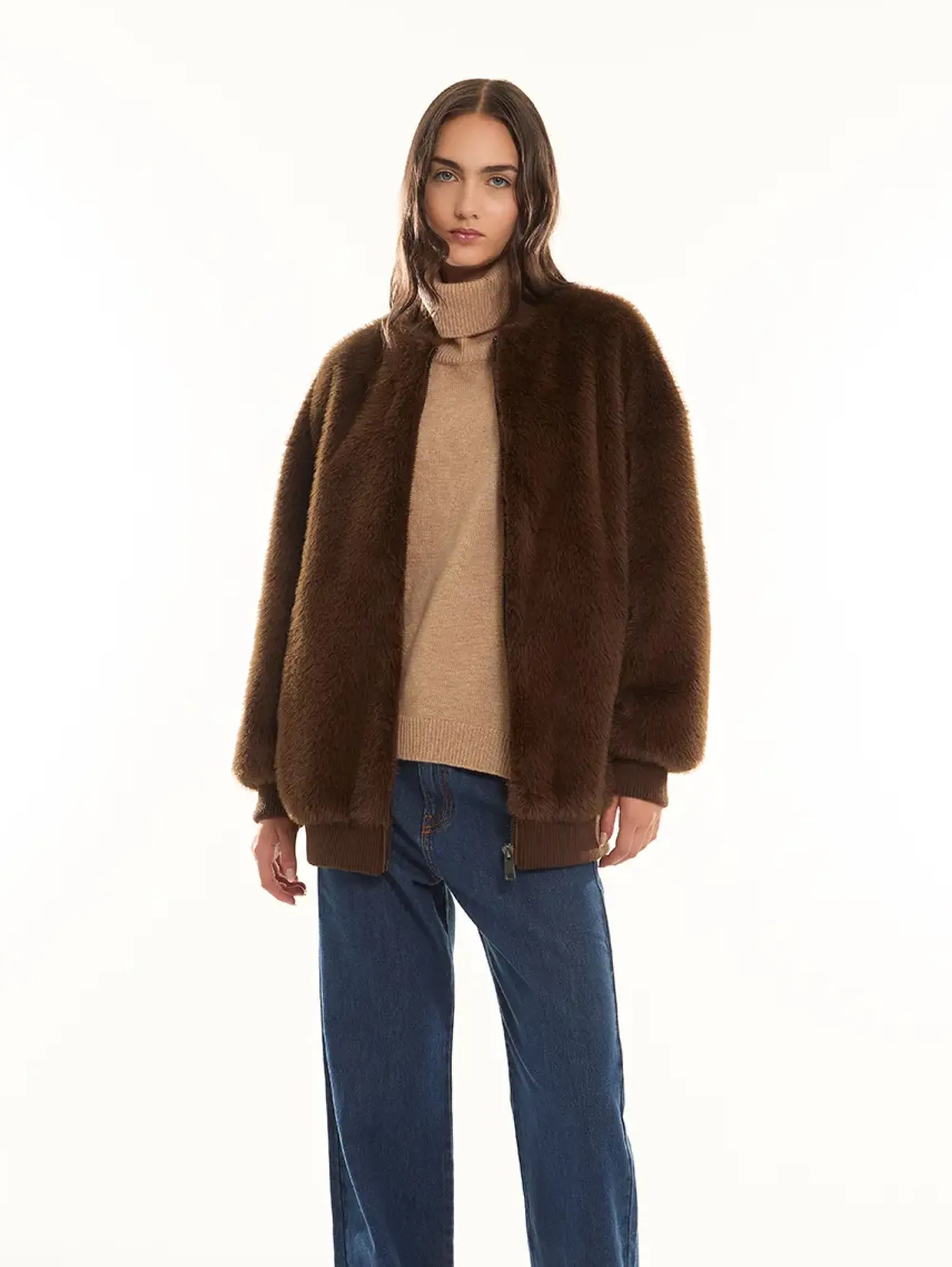Brown Faux Fur Bomber Jacket