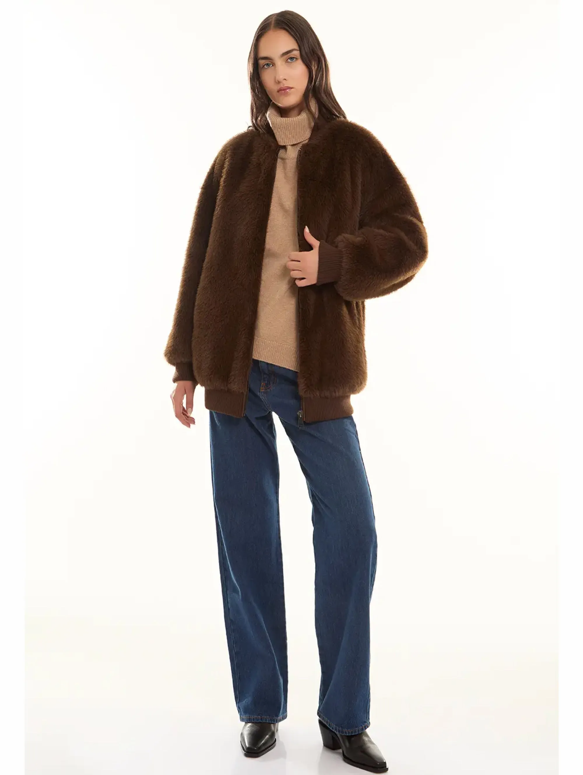Brown Faux Fur Bomber Jacket