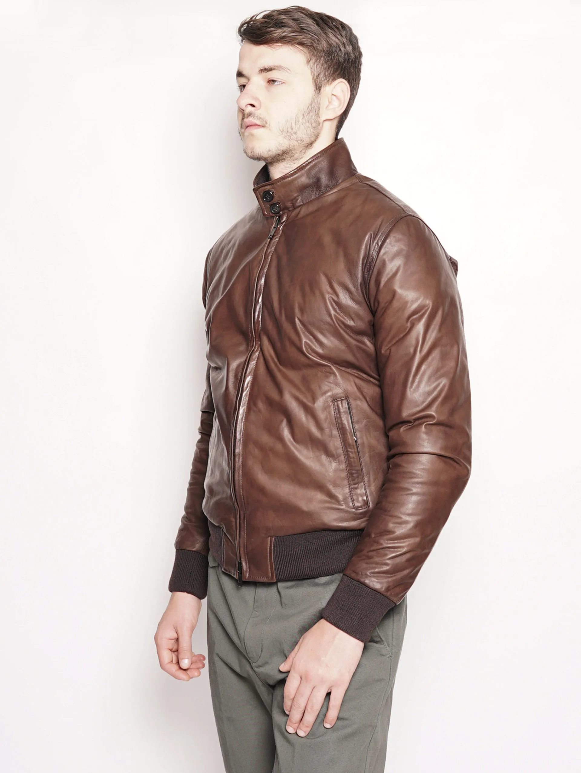 Brown leather and reversible bomber jacket