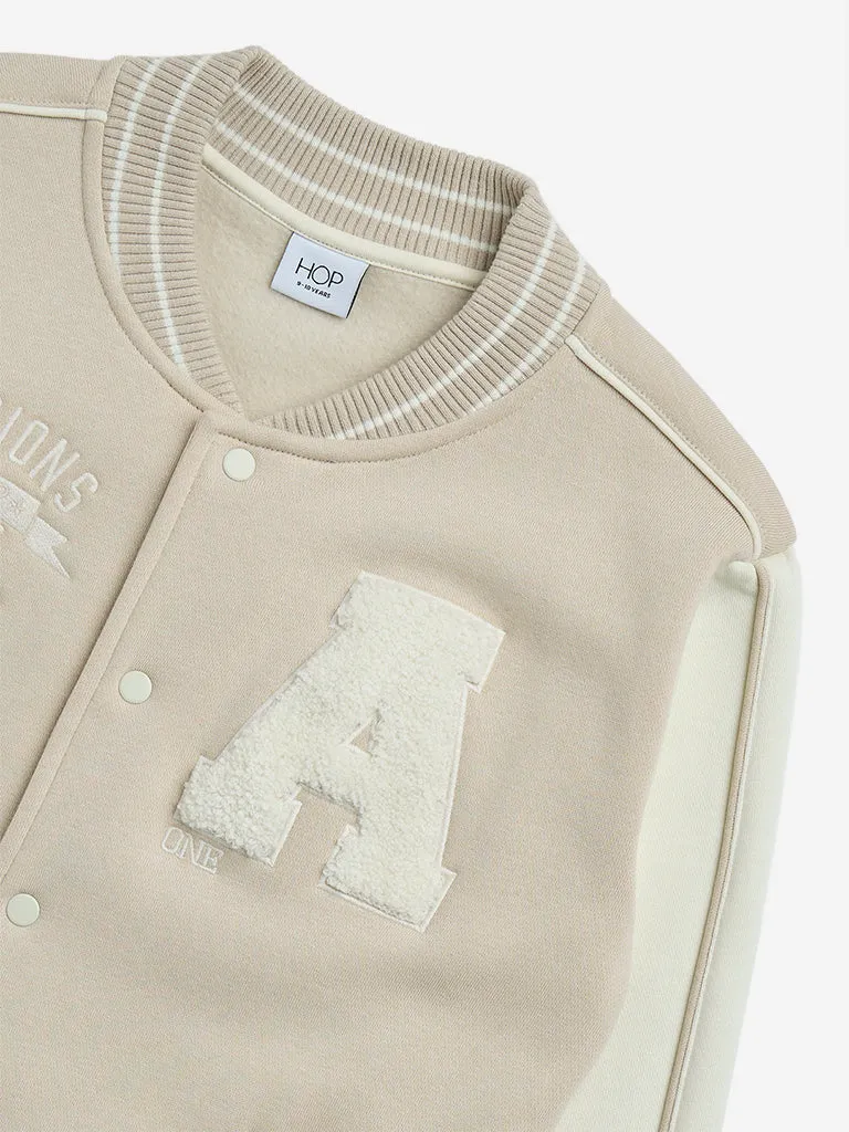 HOP Kids Beige Text Design Cotton-Blend Varsity Jacket