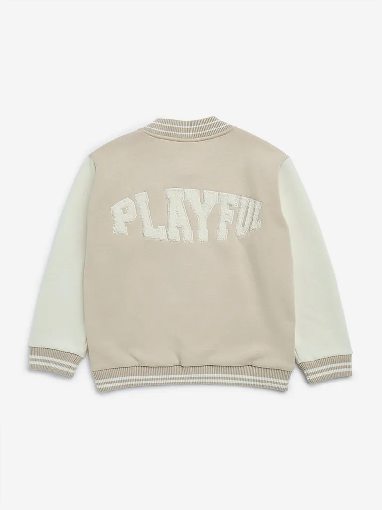 HOP Kids Beige Text Design Cotton-Blend Varsity Jacket