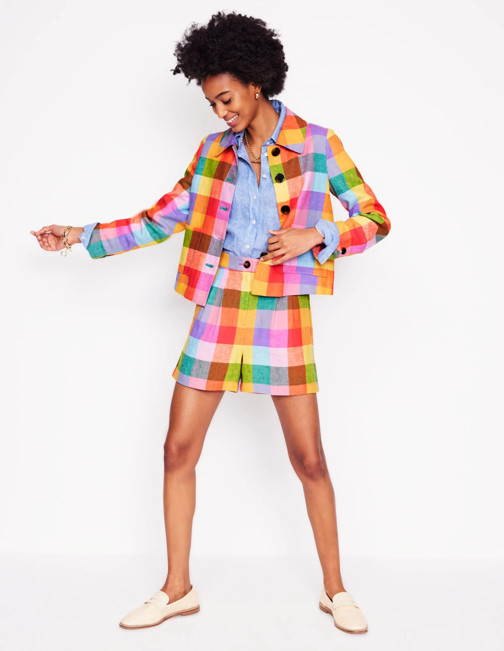 Knightsbridge Linen Jacket-Rainbow Multigingham