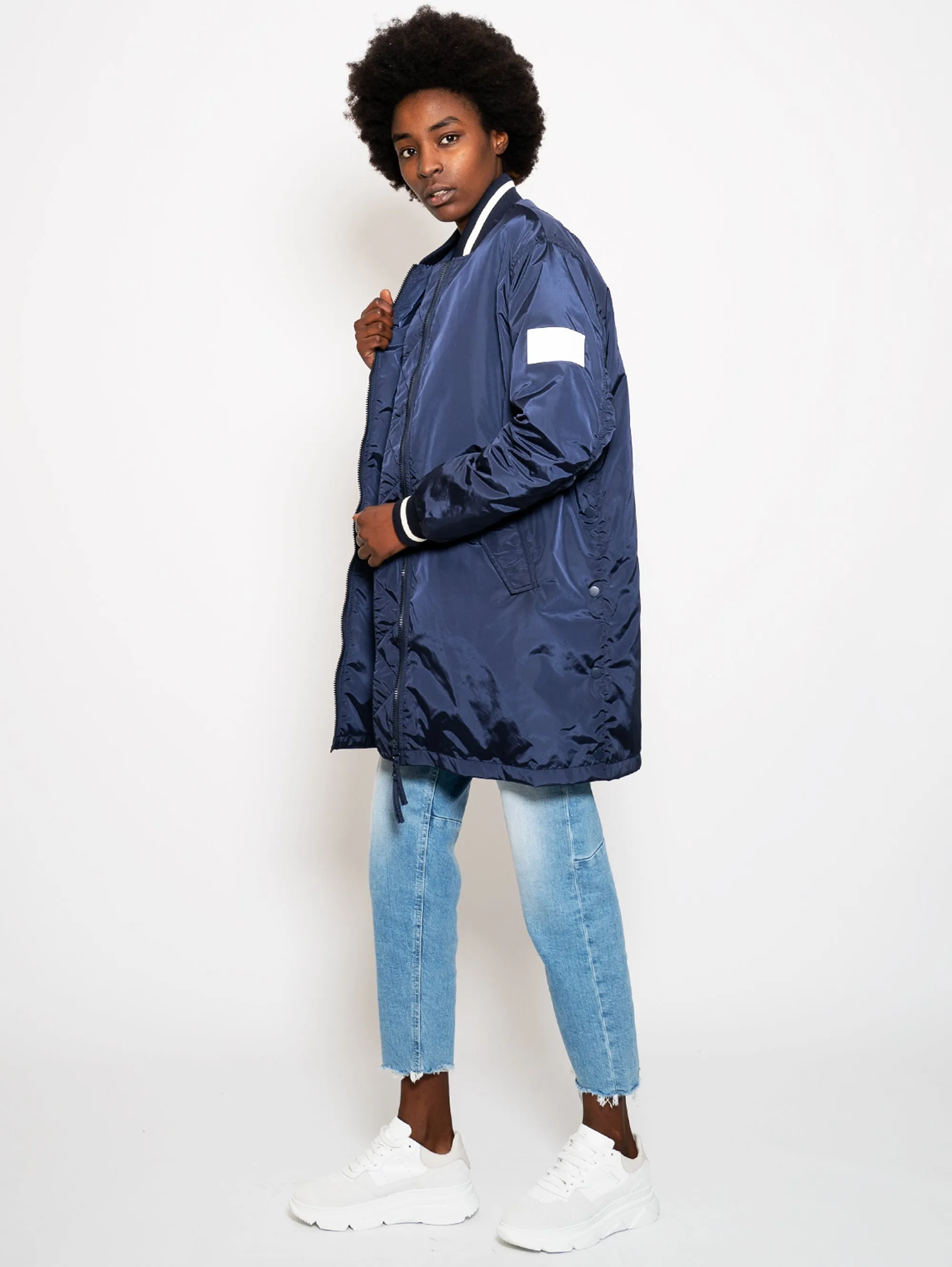 Long Bomber Jacket with Blue Slits