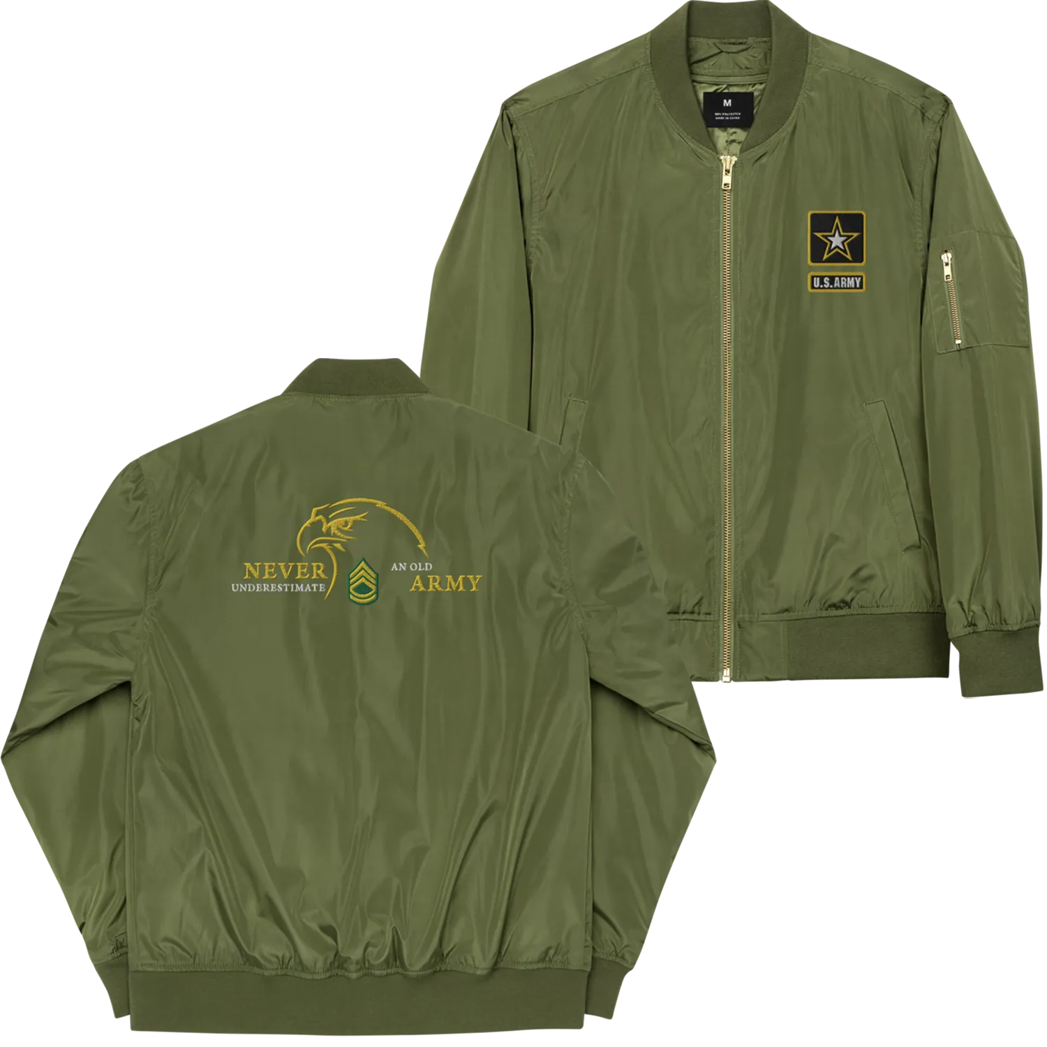 Never Underestimate An Old Army, Custom US Army Ranks, Insignia On Back, Embroidered Recycled Bomber Jacket