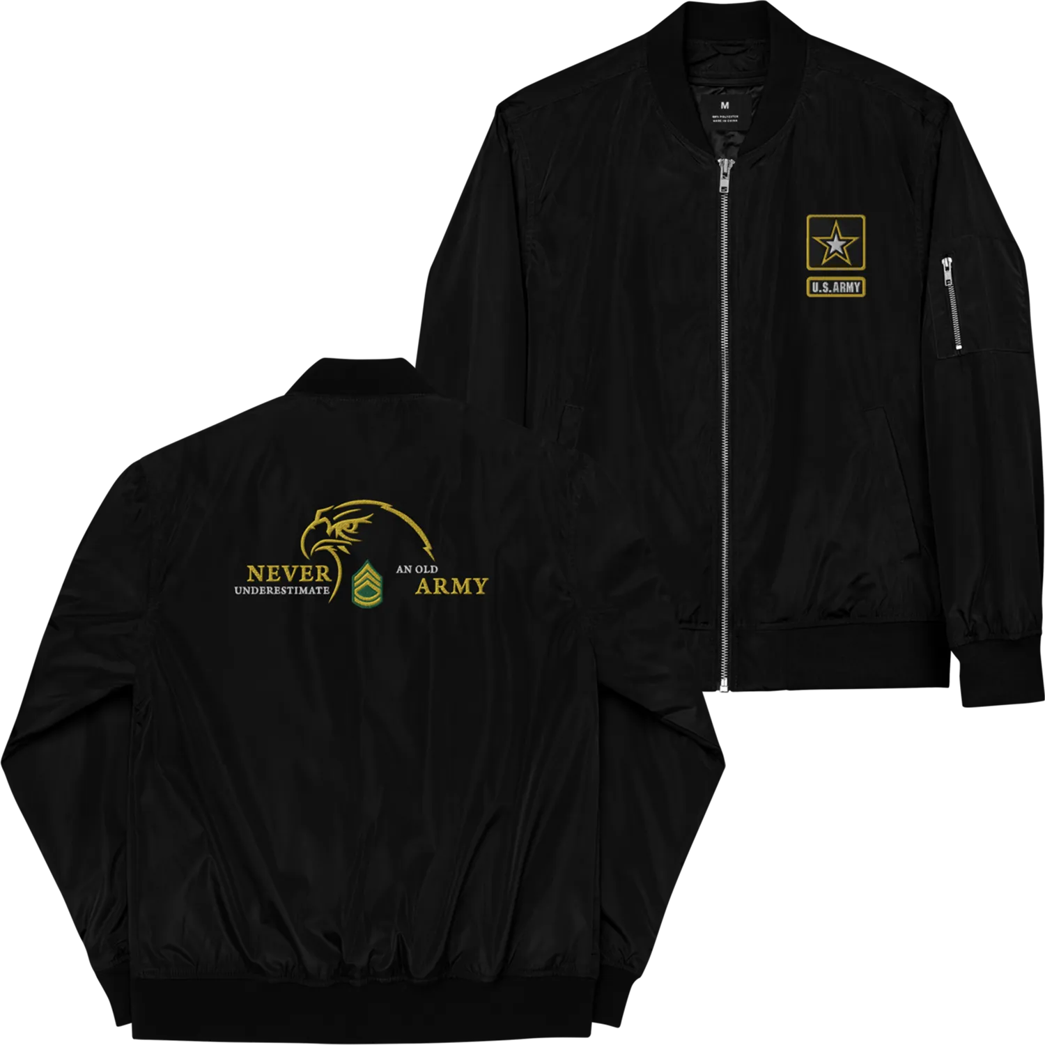 Never Underestimate An Old Army, Custom US Army Ranks, Insignia On Back, Embroidered Recycled Bomber Jacket
