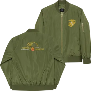 Never Underestimate An Old Marine, Custom US Marine Corps Ranks, Insignia On Back, Embroidered Recycled Bomber Jacket