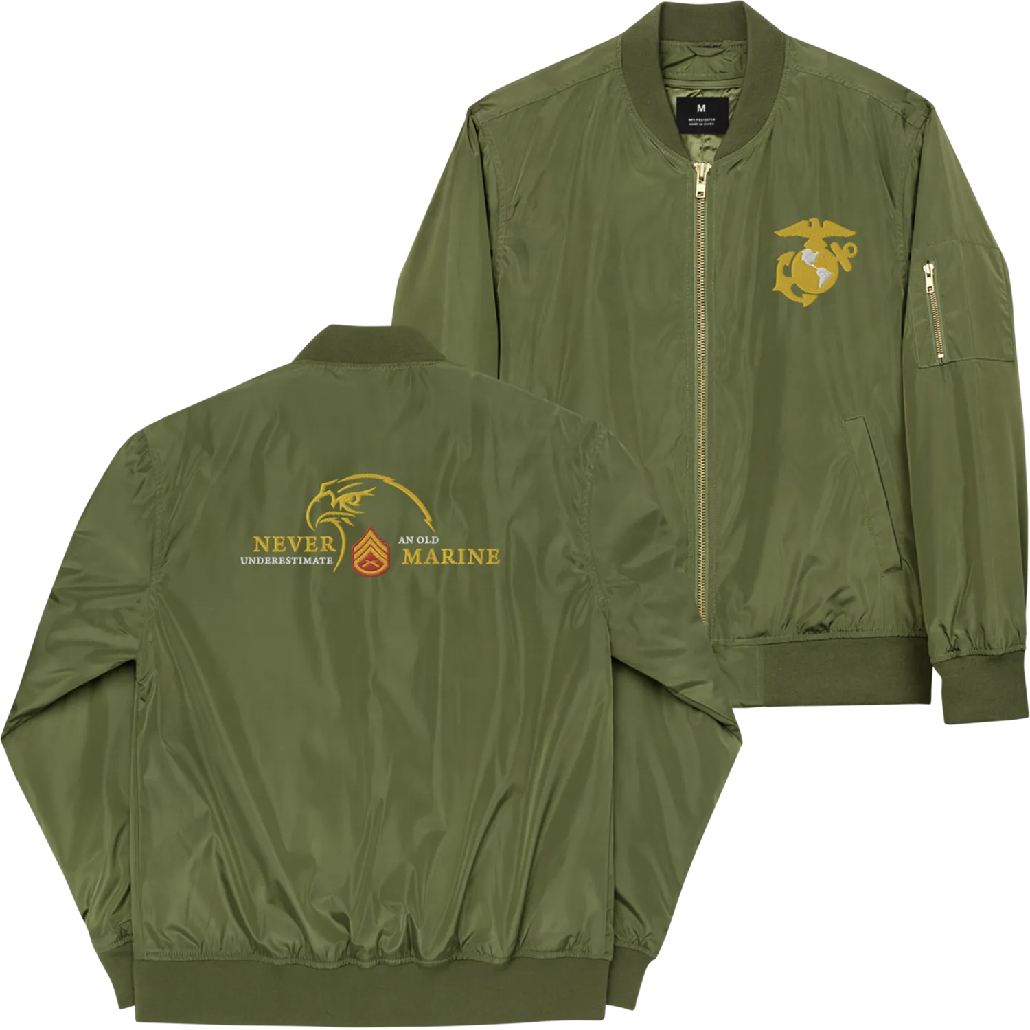 Never Underestimate An Old Marine, Custom US Marine Corps Ranks, Insignia On Back, Embroidered Recycled Bomber Jacket