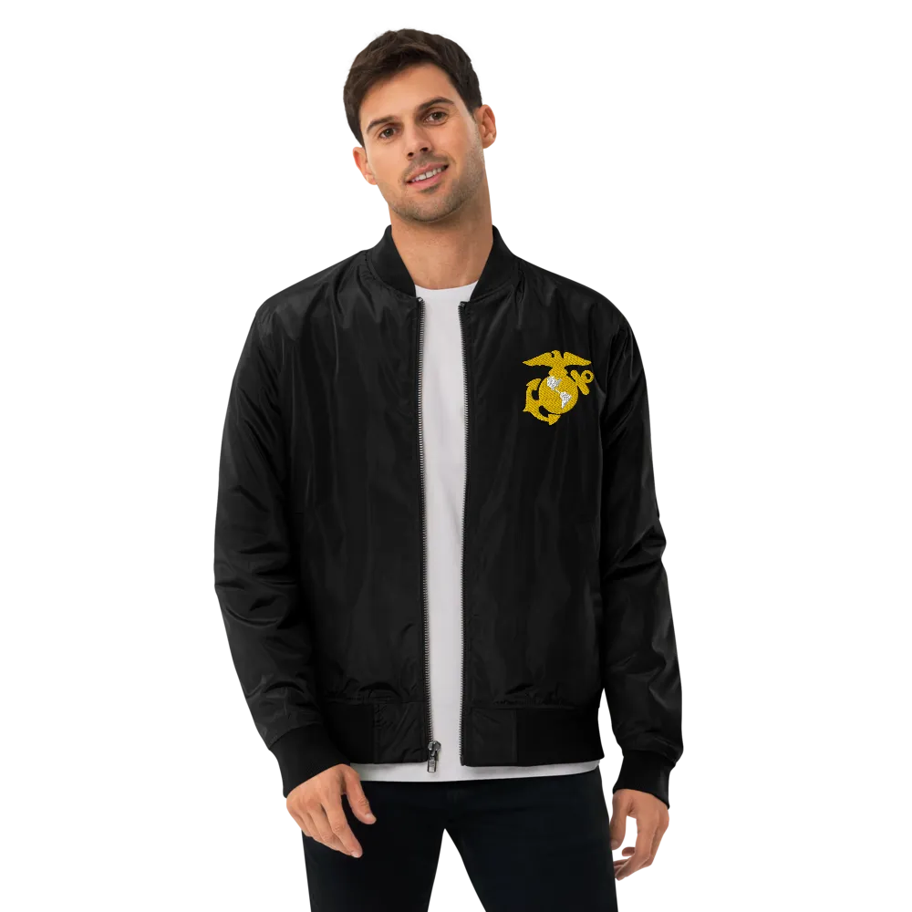 Never Underestimate An Old Marine, Custom US Marine Corps Ranks, Insignia On Back, Embroidered Recycled Bomber Jacket