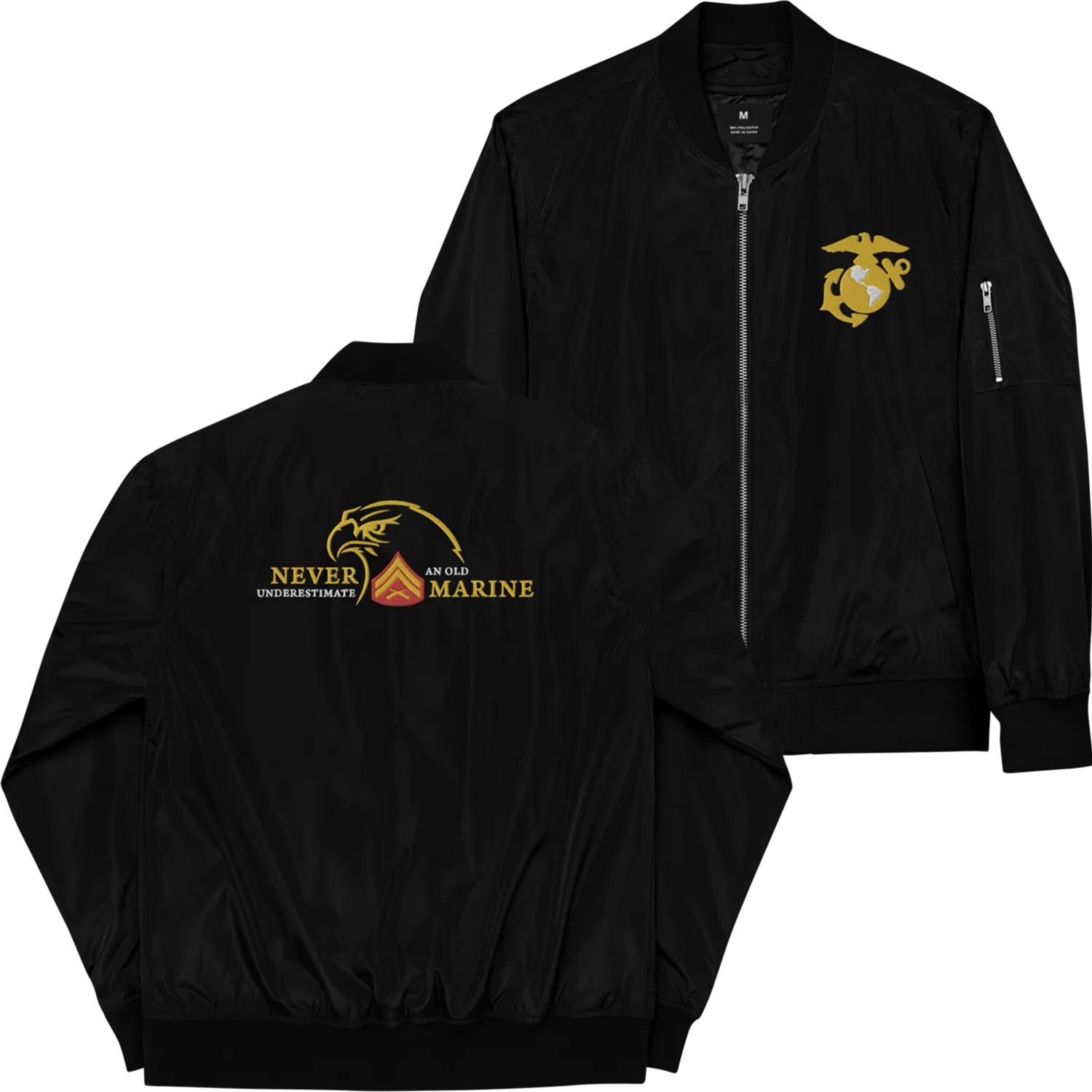Never Underestimate An Old Marine, Custom US Marine Corps Ranks, Insignia On Back, Embroidered Recycled Bomber Jacket