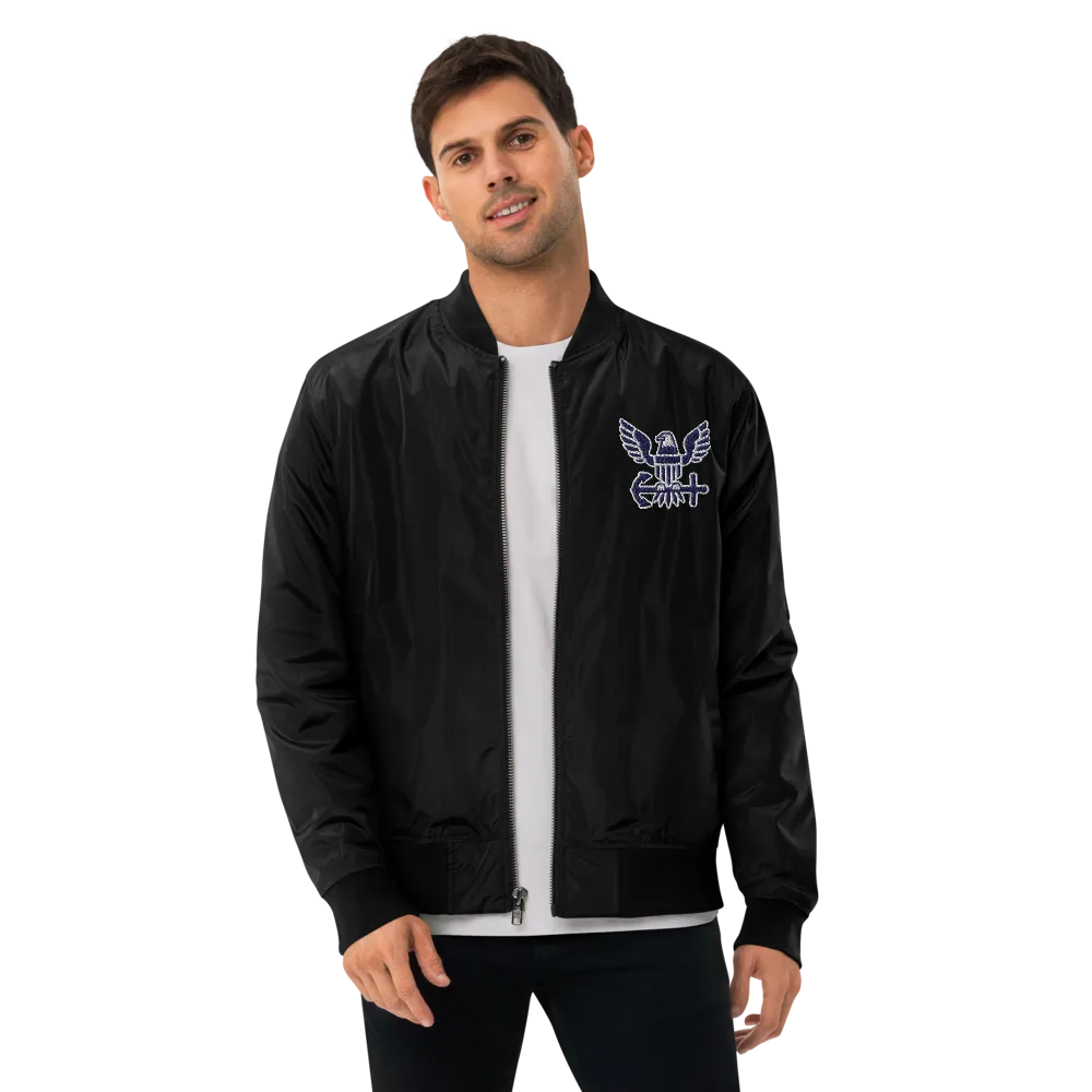Never Underestimate An Old Navy, Custom Navy Ranks, Insignia On Back, Embroidered Recycled Bomber Jacket