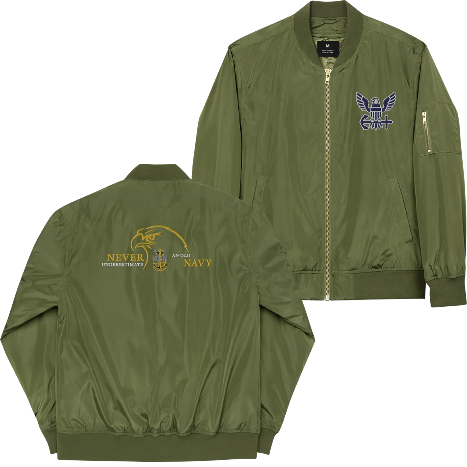 Never Underestimate An Old Navy, Custom Navy Ranks, Insignia On Back, Embroidered Recycled Bomber Jacket