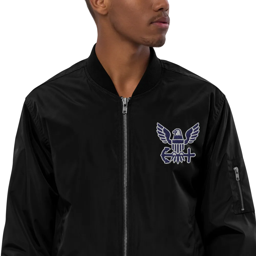 Never Underestimate An Old Navy, Custom Navy Ranks, Insignia On Back, Embroidered Recycled Bomber Jacket