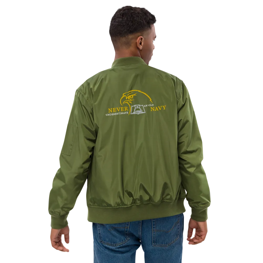 Never Underestimate An Old Navy, Custom Navy Ranks, Insignia On Back, Embroidered Recycled Bomber Jacket