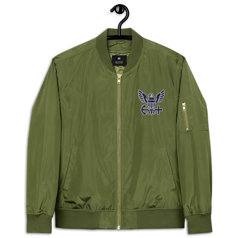 Never Underestimate An Old Navy, Custom Navy Ranks, Insignia On Back, Embroidered Recycled Bomber Jacket