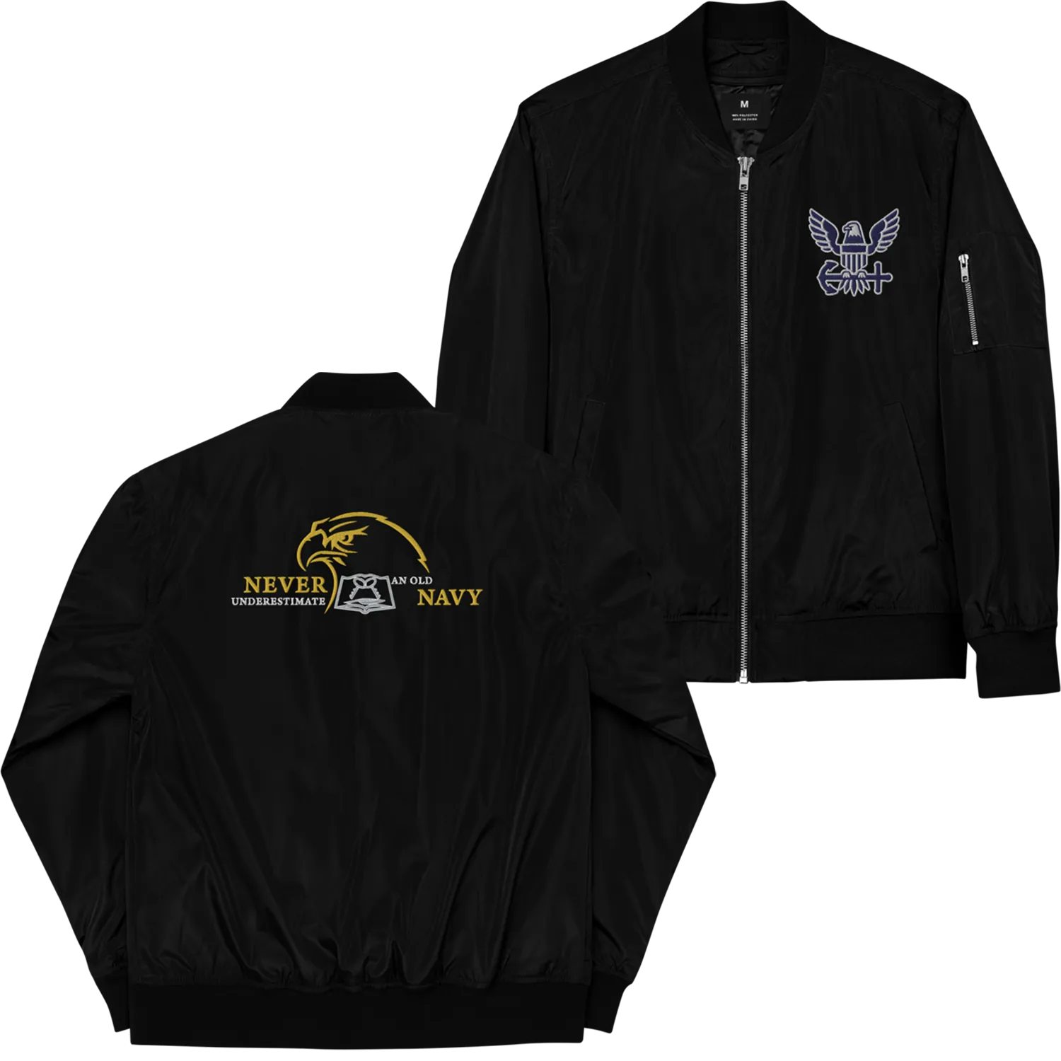 Never Underestimate An Old Navy, Custom Navy Ranks, Insignia On Back, Embroidered Recycled Bomber Jacket