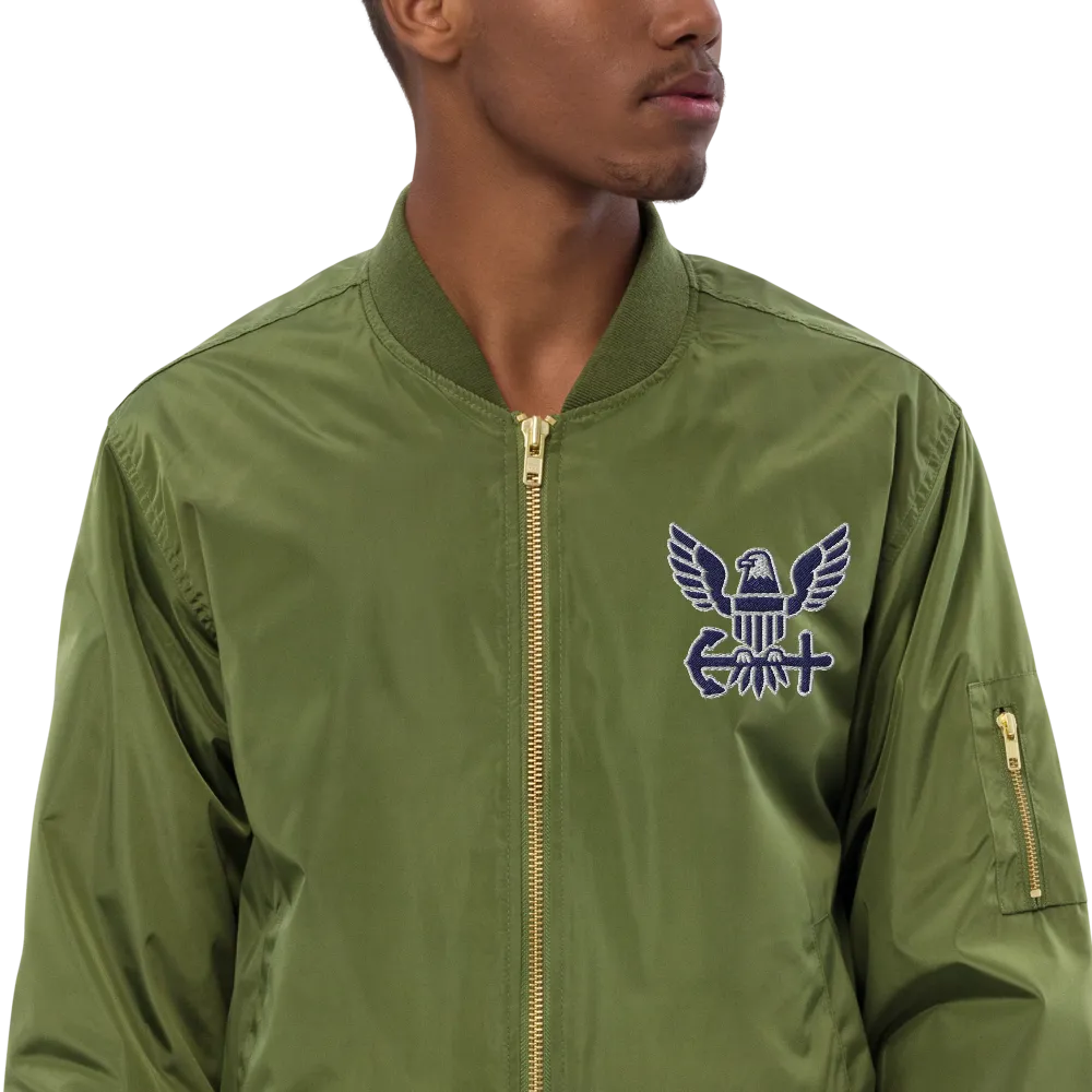 Never Underestimate An Old Navy, Custom Navy Ranks, Insignia On Back, Embroidered Recycled Bomber Jacket