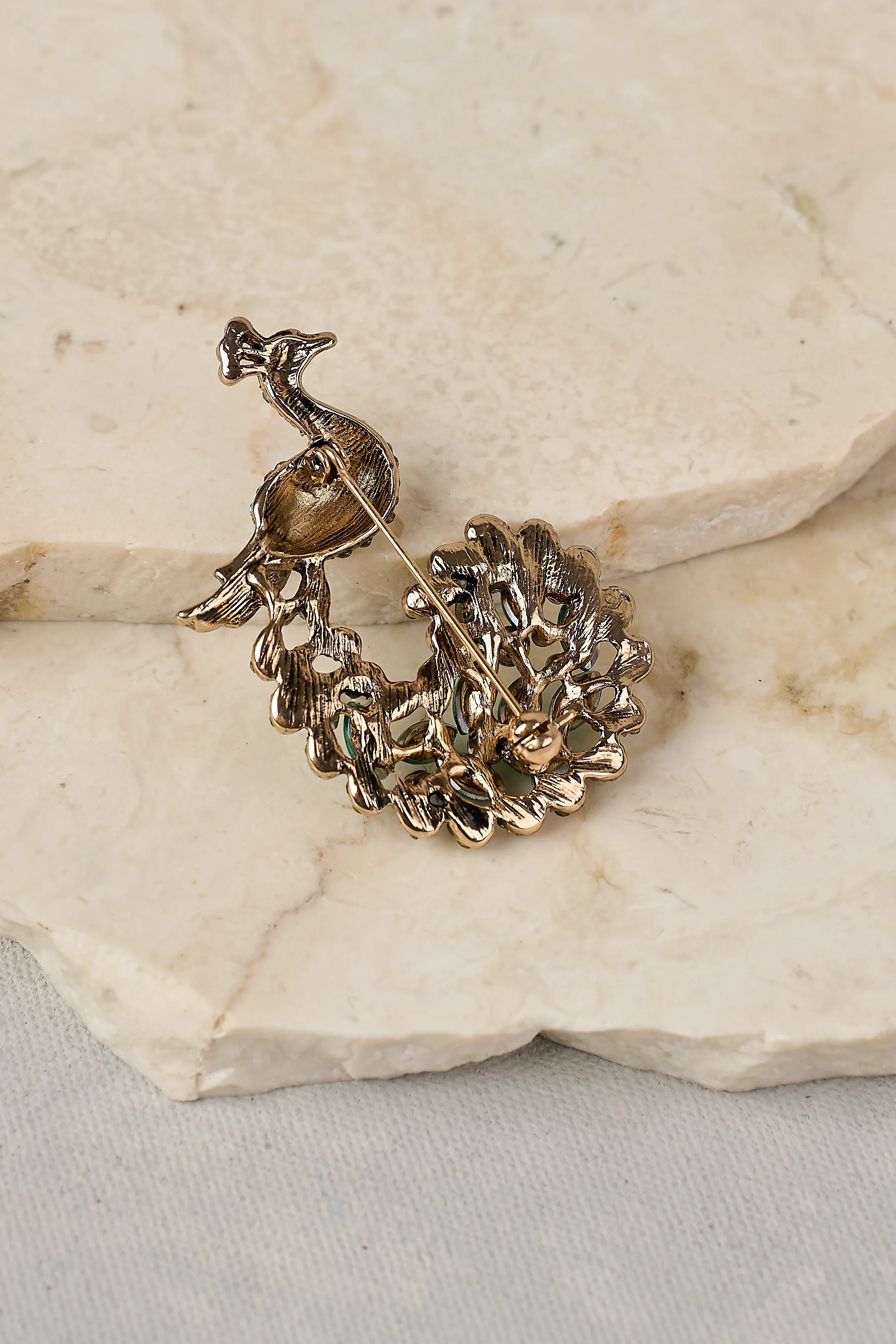 Peacock Glass Stone Brooch - Multicolour