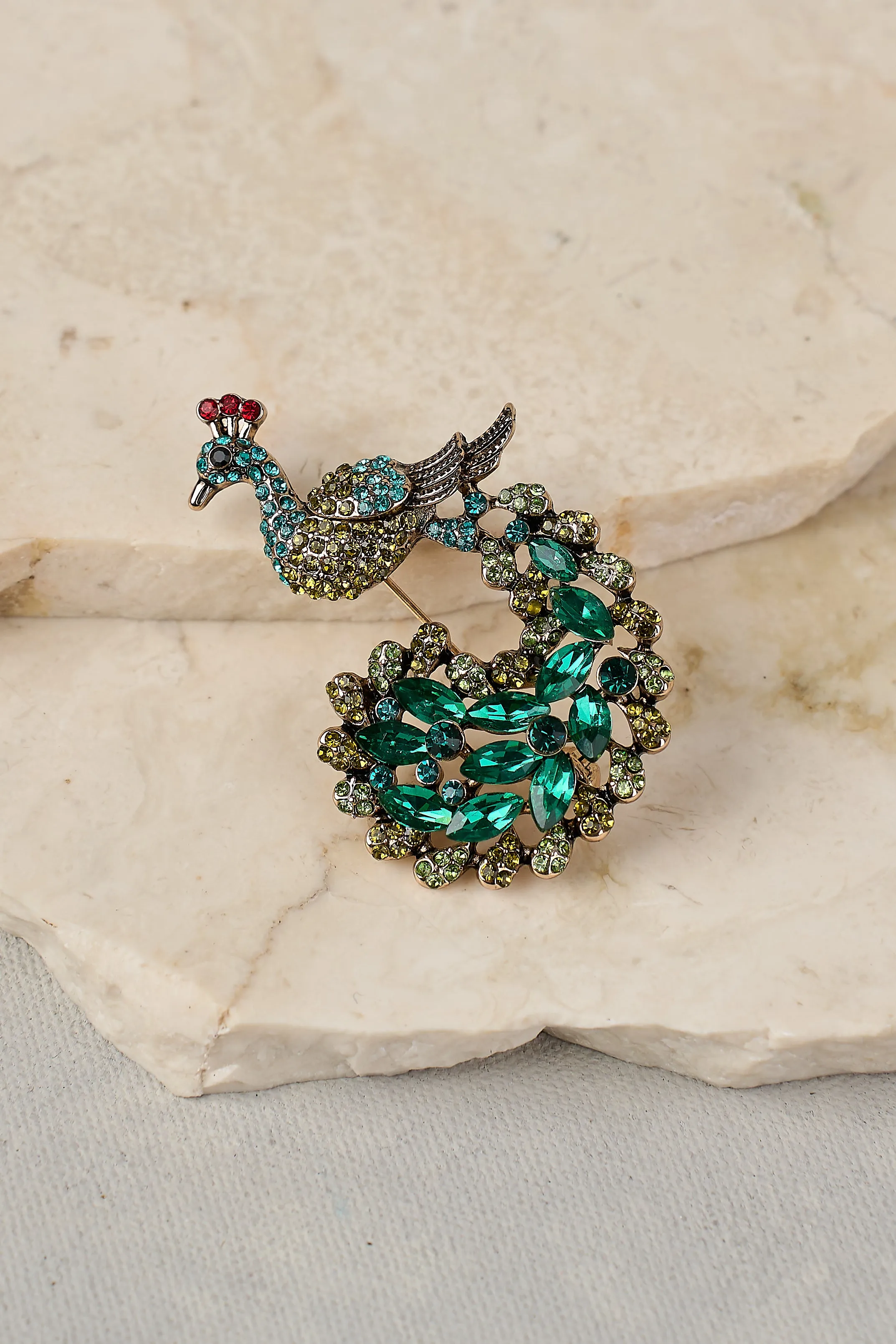 Peacock Glass Stone Brooch - Multicolour