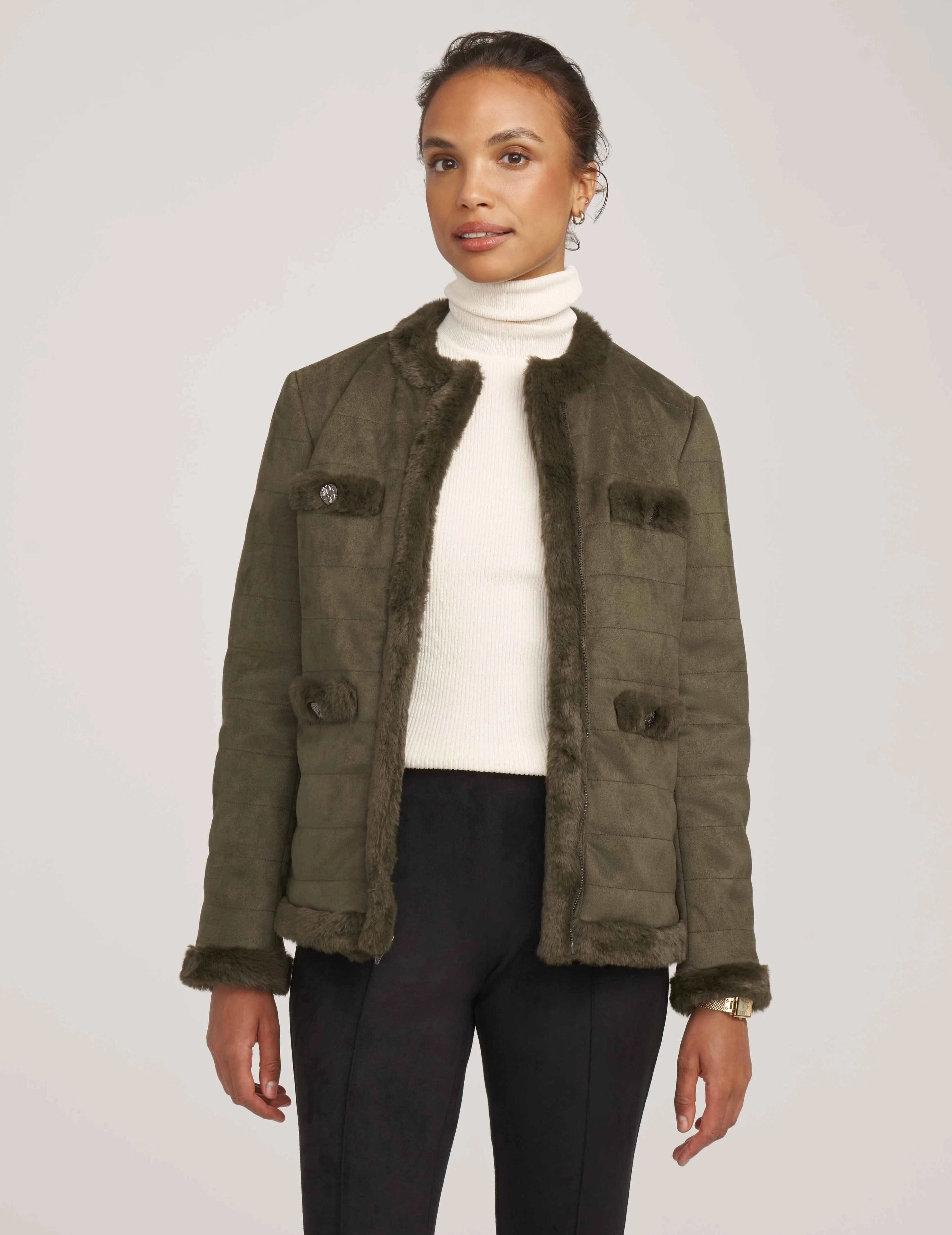 Quilted Scuba Suede Jacket With Fur Trim- Sale