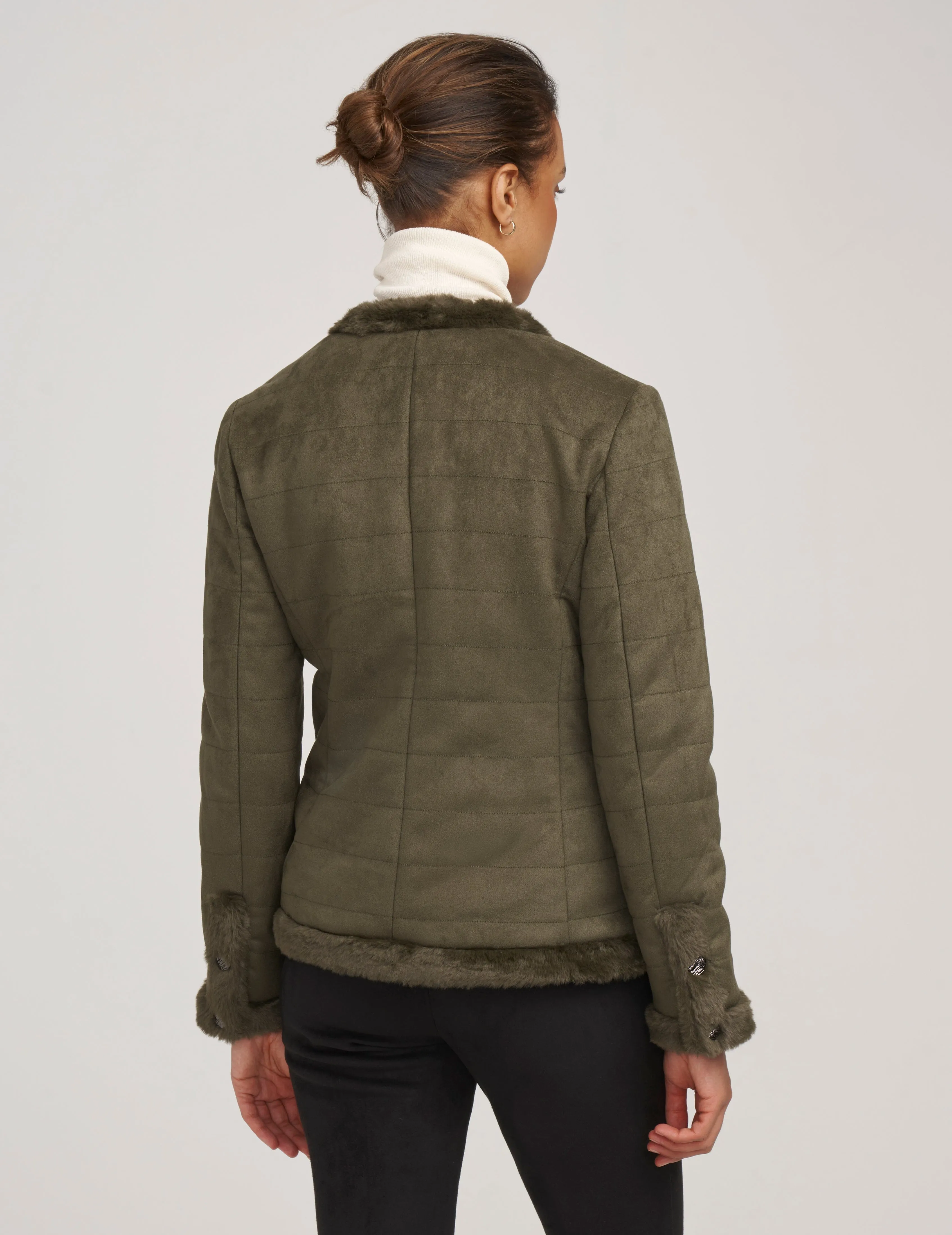 Quilted Scuba Suede Jacket With Fur Trim- Sale