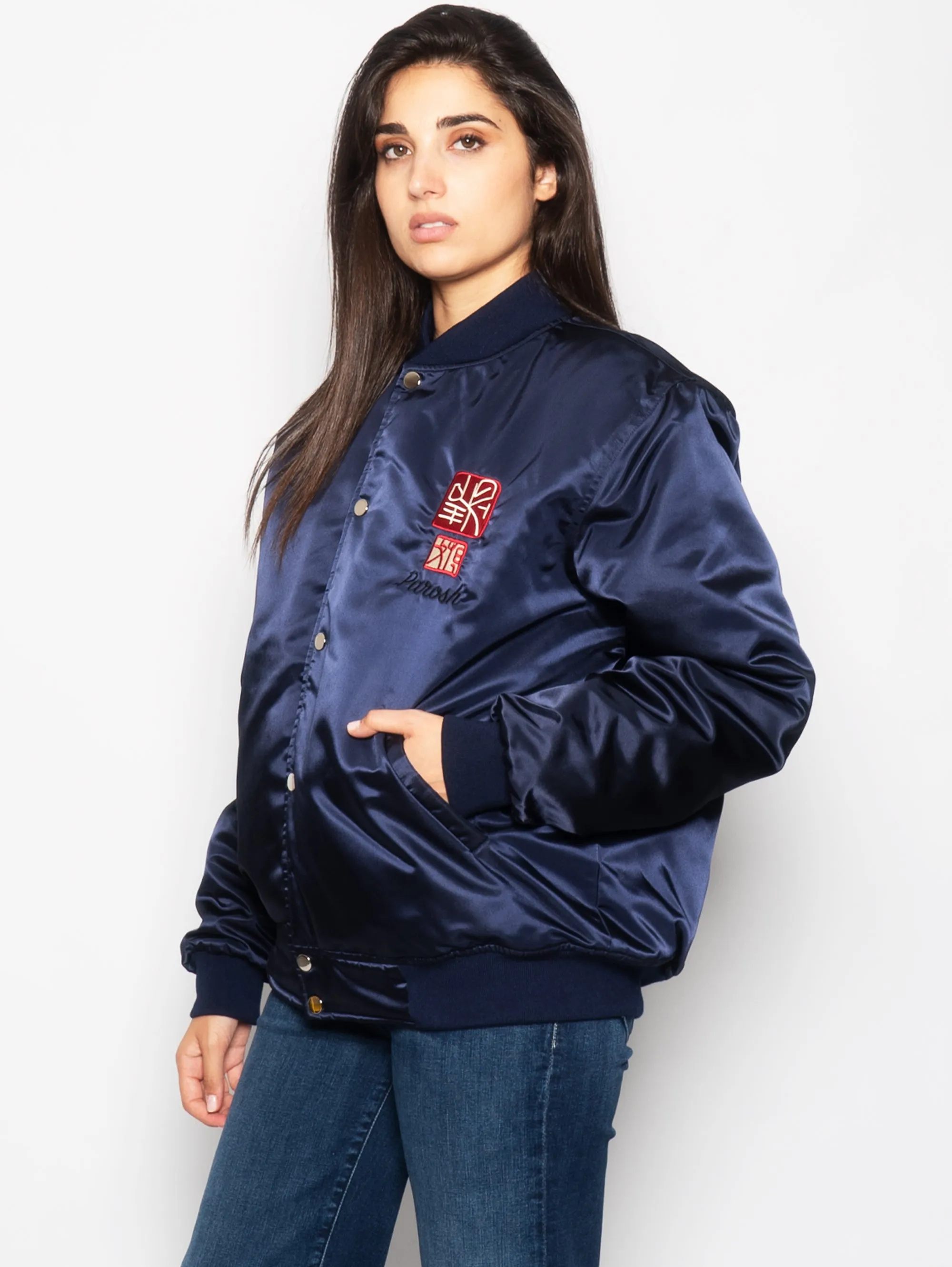 Tiger Embroidered Bomber Jacket in Blue Acetate