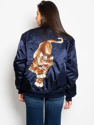 Tiger Embroidered Bomber Jacket in Blue Acetate