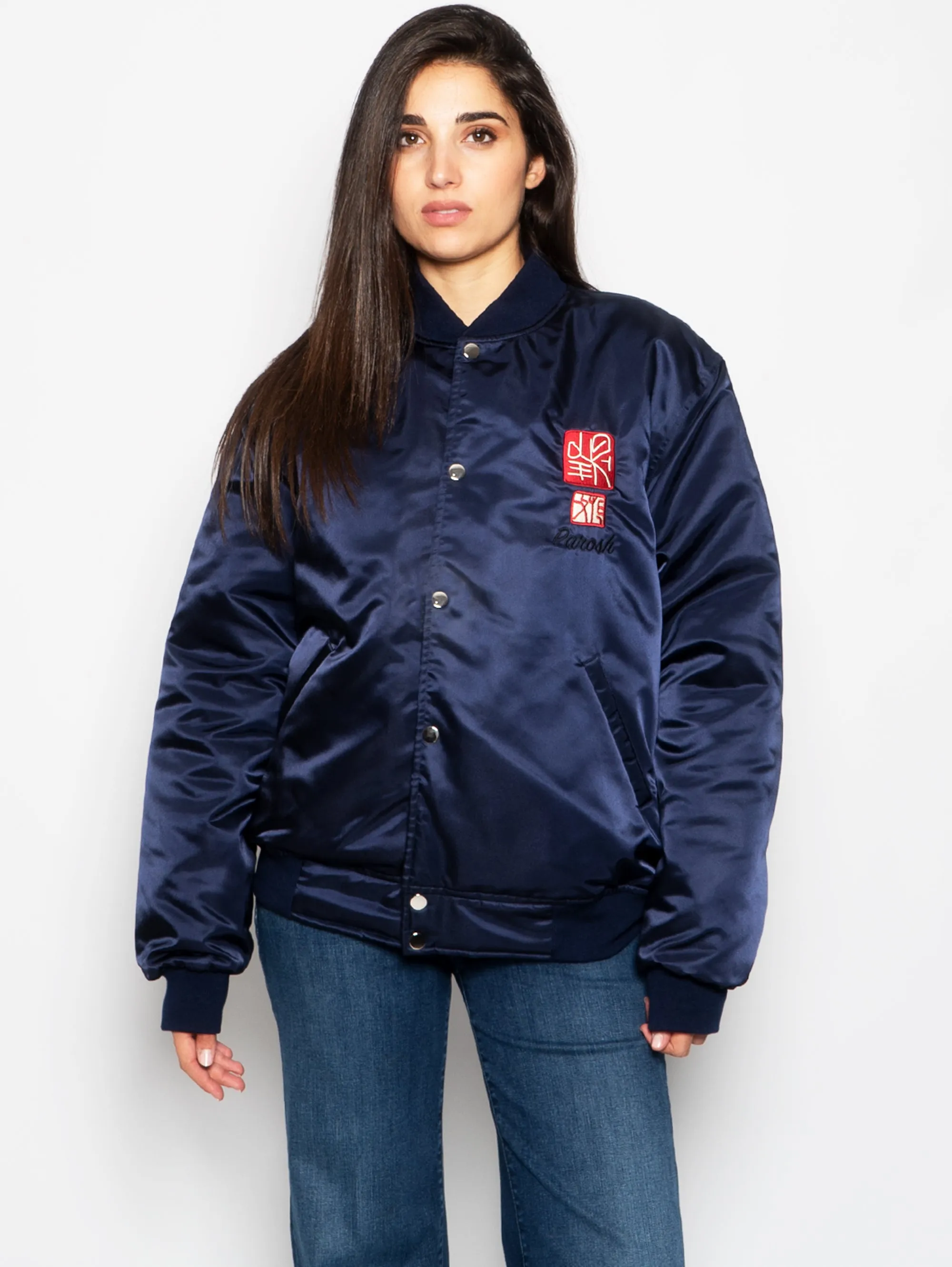 Tiger Embroidered Bomber Jacket in Blue Acetate