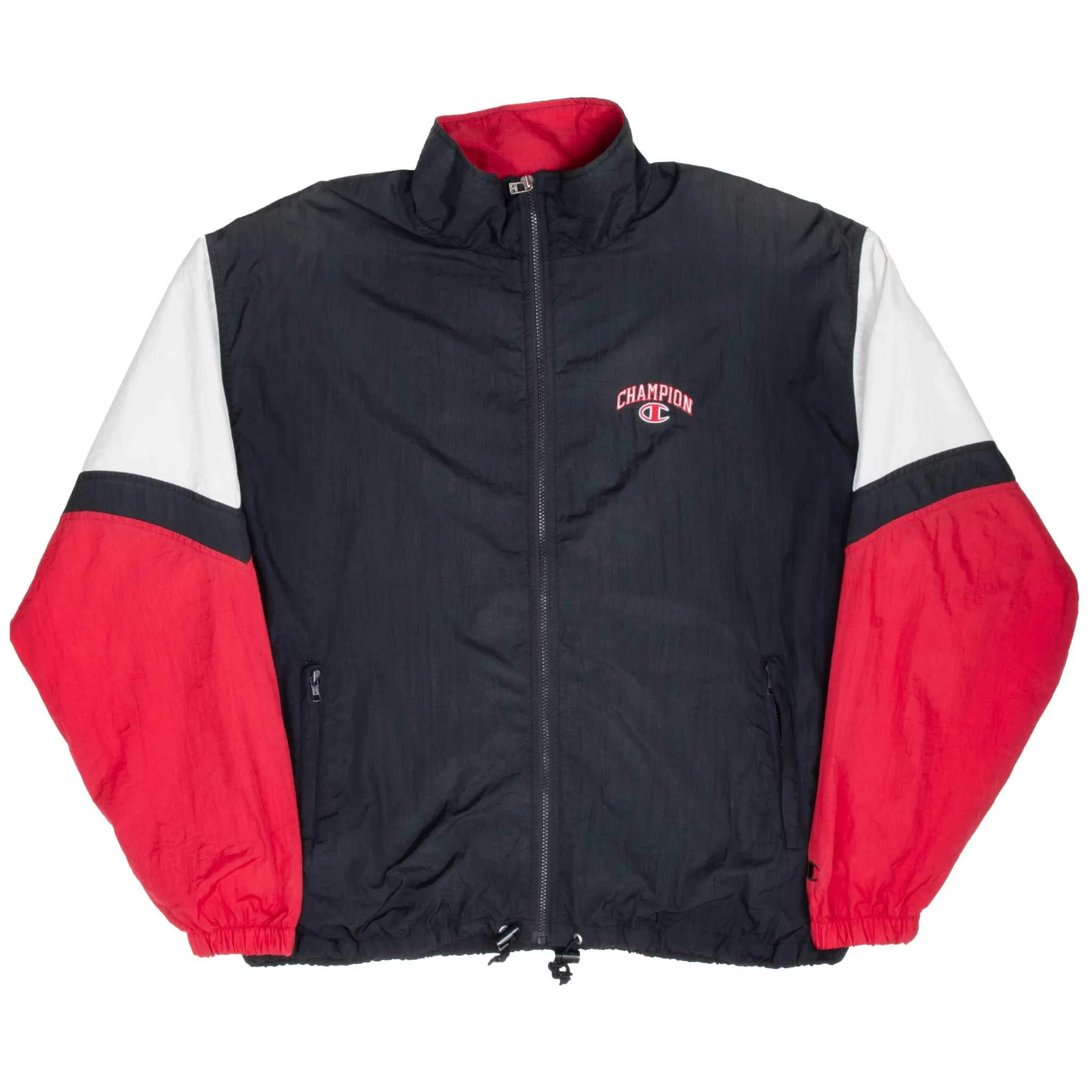 VINTAGE CHAMPION BLACK & RED WINDBREAKER JACKET 1990S XL