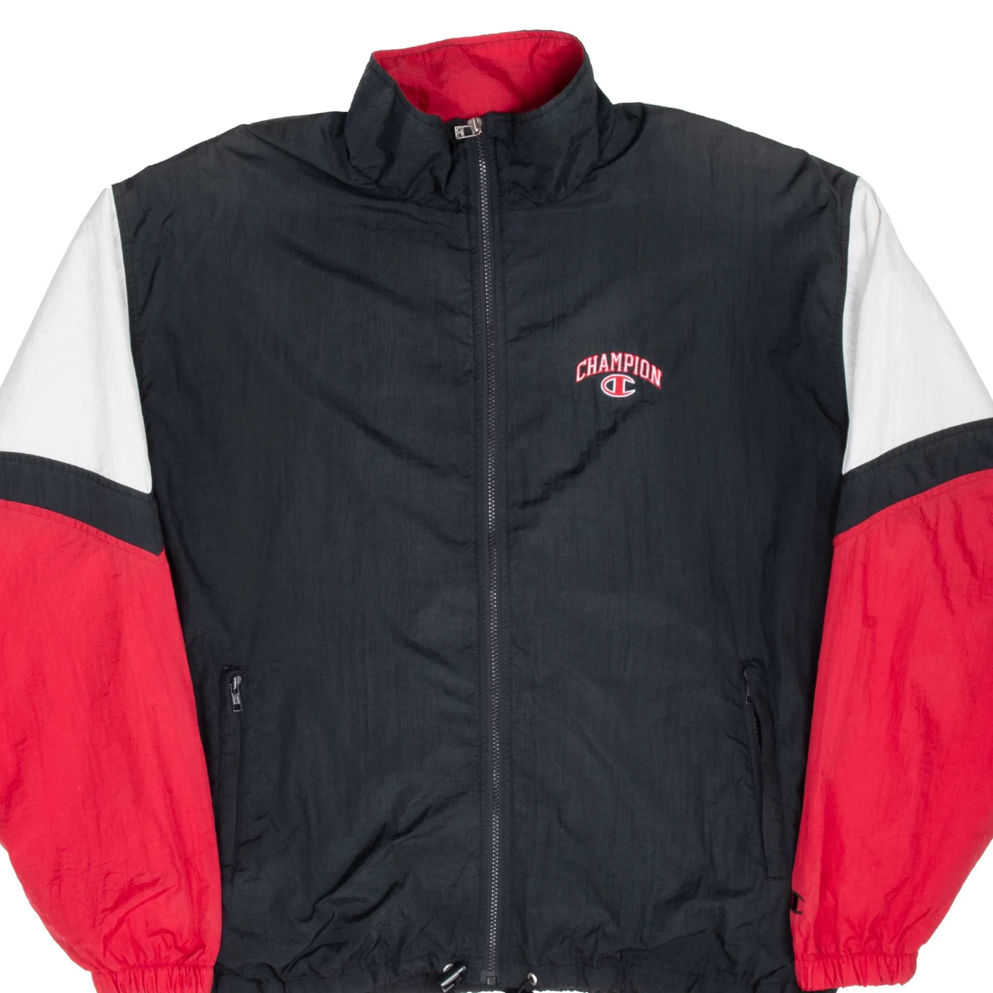 VINTAGE CHAMPION BLACK & RED WINDBREAKER JACKET 1990S XL