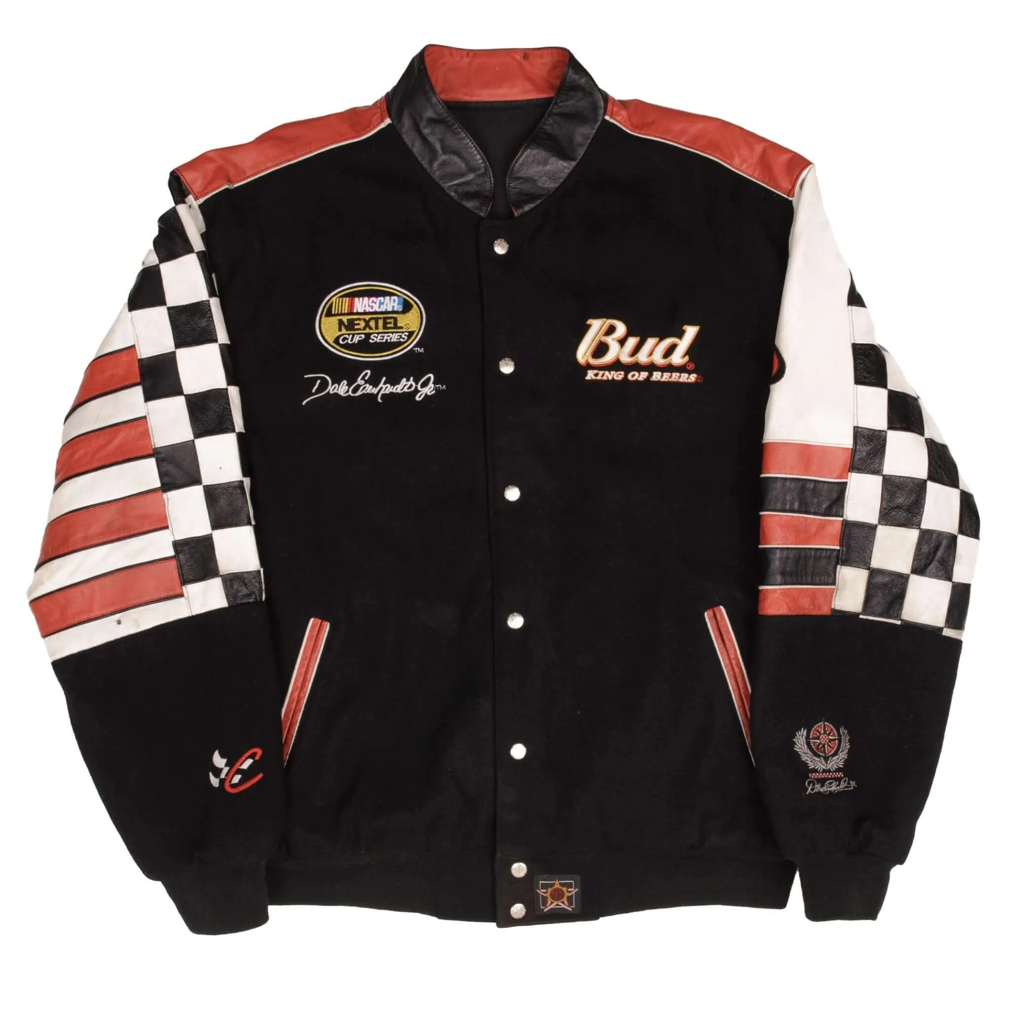 VINTAGE NASCAR DALE EARNHARDT JR BUDWEISER REVERSIBLE LEATHER JACKET 1990S 2XLT