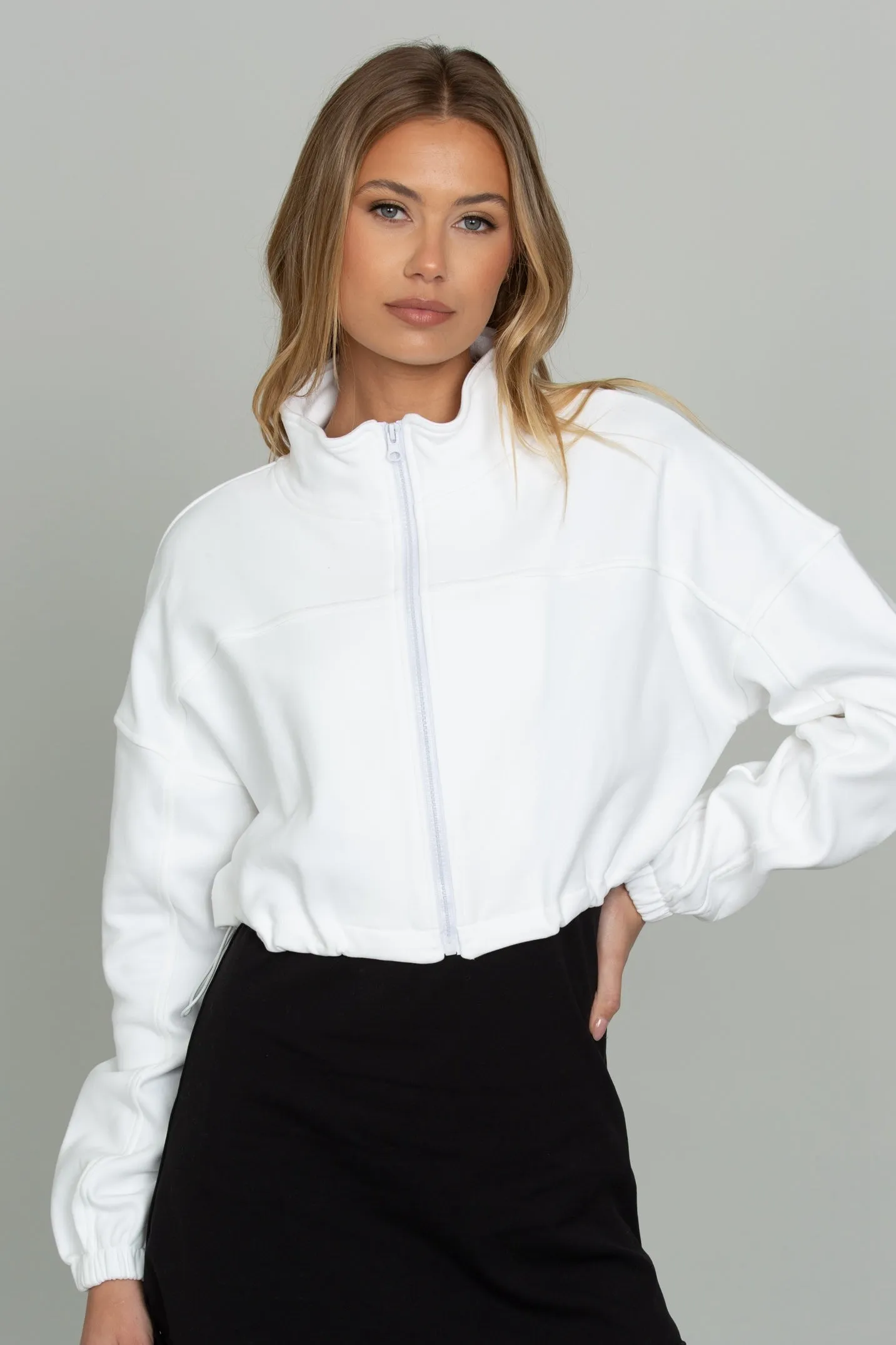 White Cinched Zip-Up Jacket