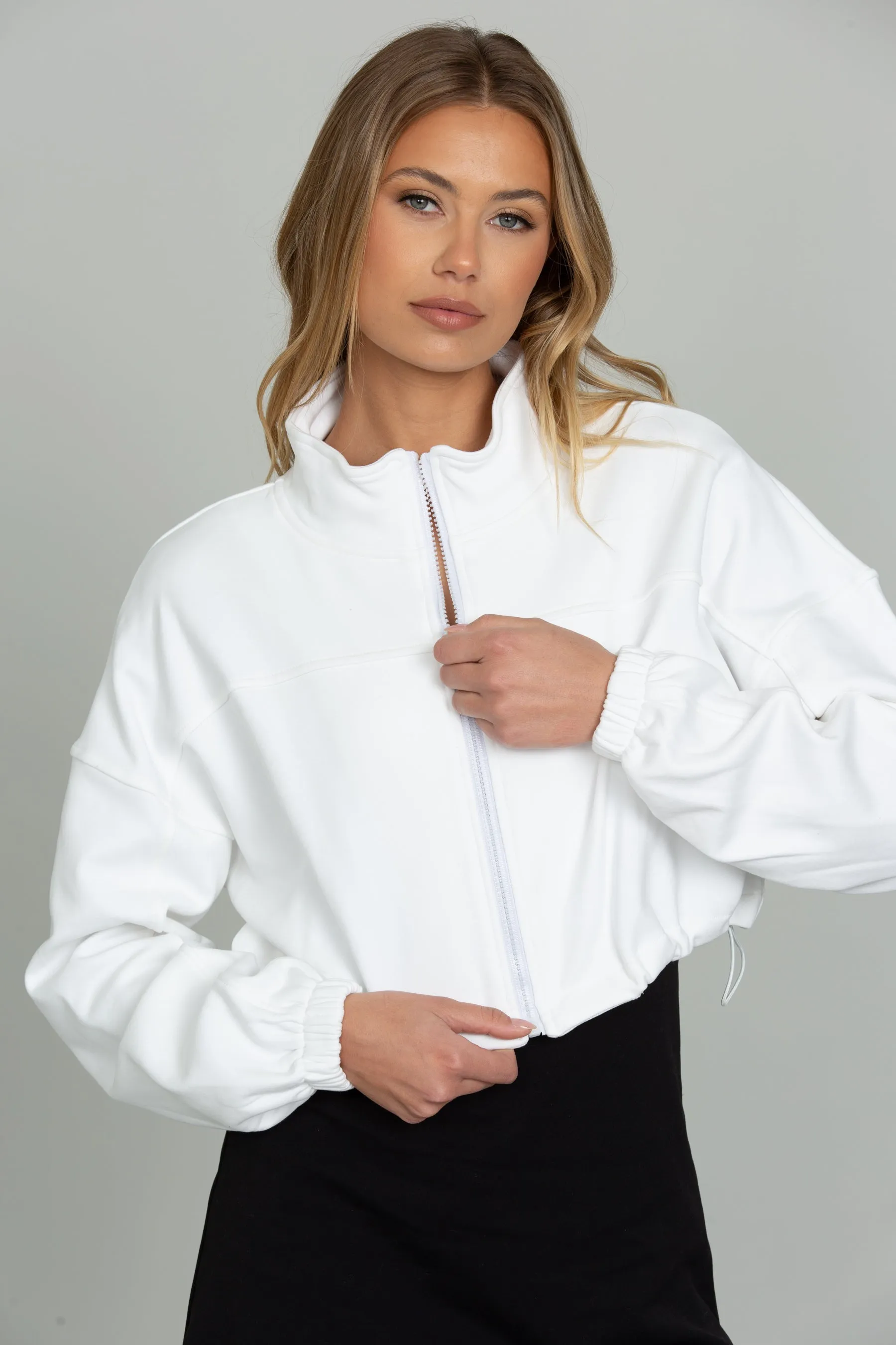 White Cinched Zip-Up Jacket