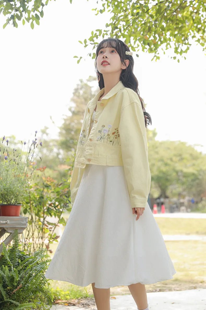 Wildflower Embroidered Cropped Jacket (Yellow)
