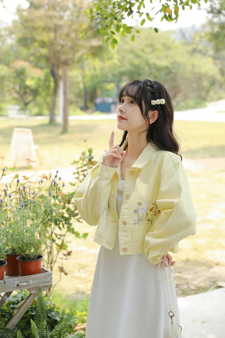 Wildflower Embroidered Cropped Jacket (Yellow)