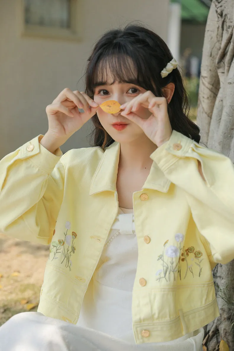Wildflower Embroidered Cropped Jacket (Yellow)