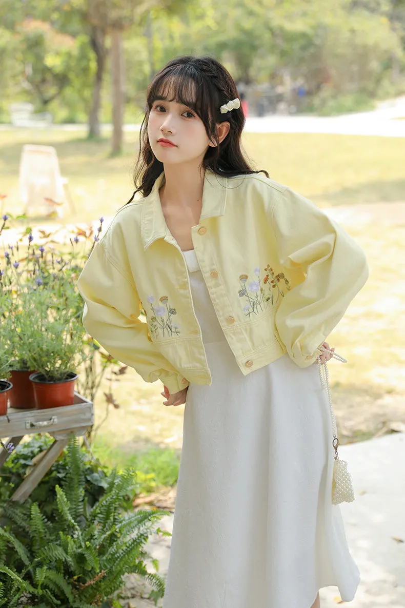 Wildflower Embroidered Cropped Jacket (Yellow)