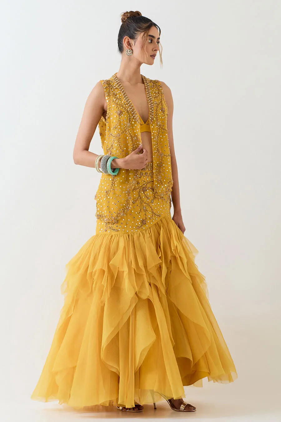 Yellow Hand Embellished 3-Piece Co-Ord Set