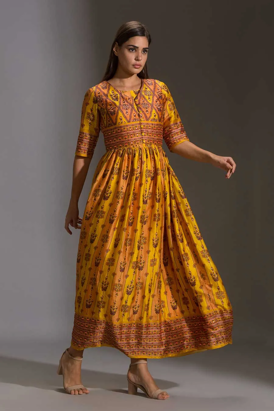 Yellow Printed Dress & Short Jacket Set