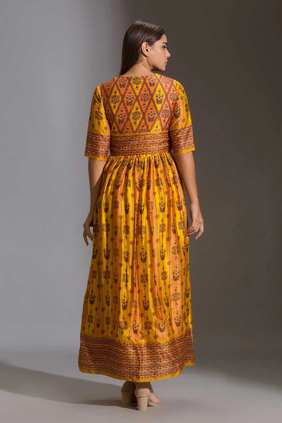 Yellow Printed Dress & Short Jacket Set